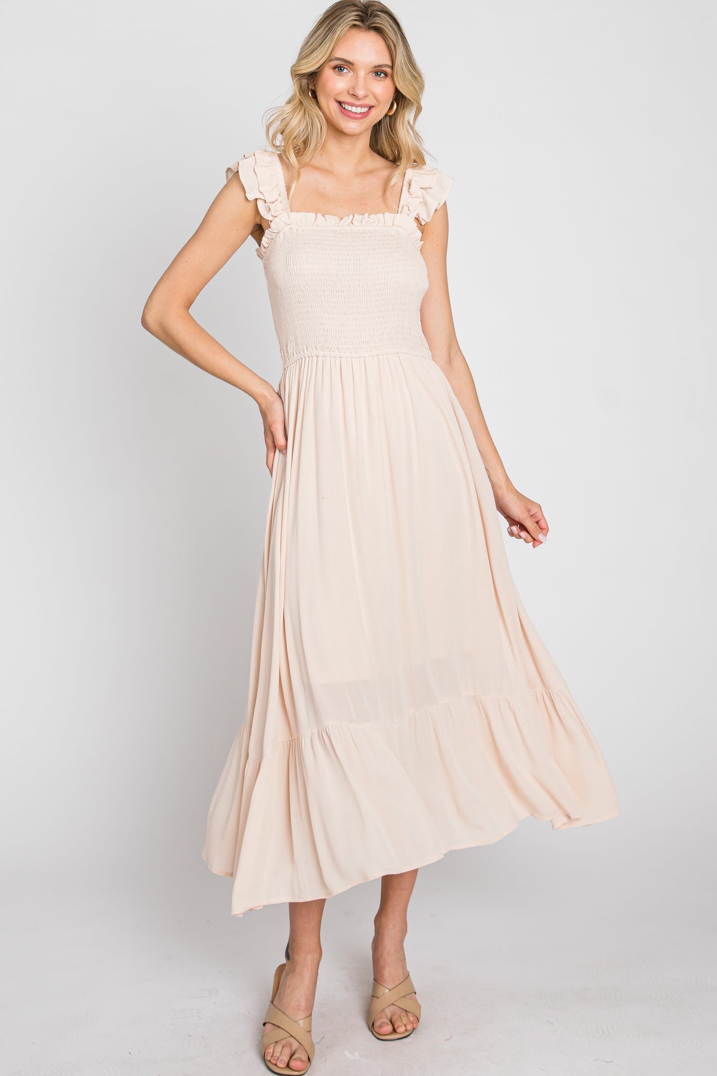 beige smock dress Beige Warehouse Organza High Neck Tier Midi Smock Dress