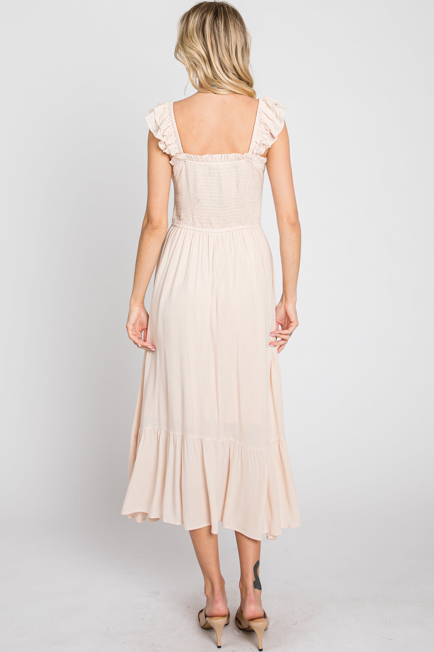 Beige Smocked Ruffle Accent Sleeveless Midi Dress