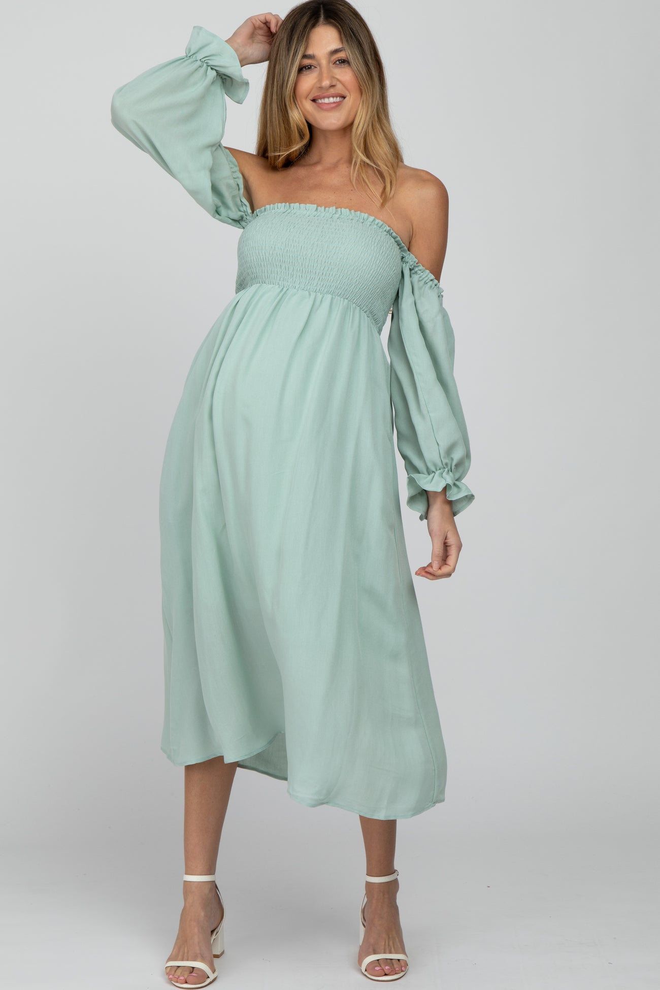 Mint Green Square Neck Puff Ruffle Sleeve Maternity Midi Dress– PinkBlush