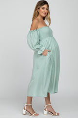 Mint Green Square Neck Puff Ruffle Sleeve Maternity Midi Dress