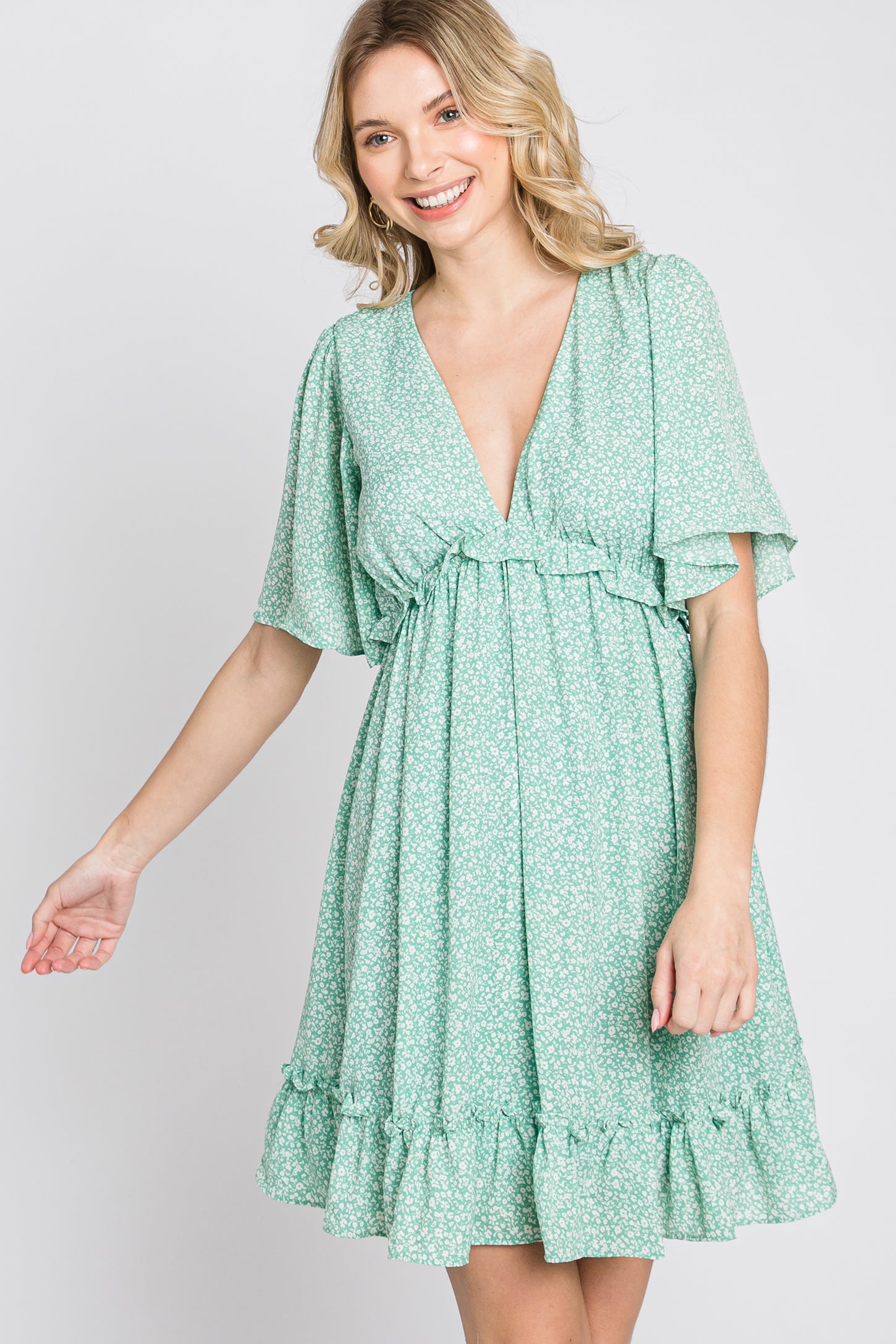 Mint Green Floral Ruffle Accent Cutout Dress PinkBlush Mint Green Floral Ruffle Accent Cutout Dress PinkBlush
