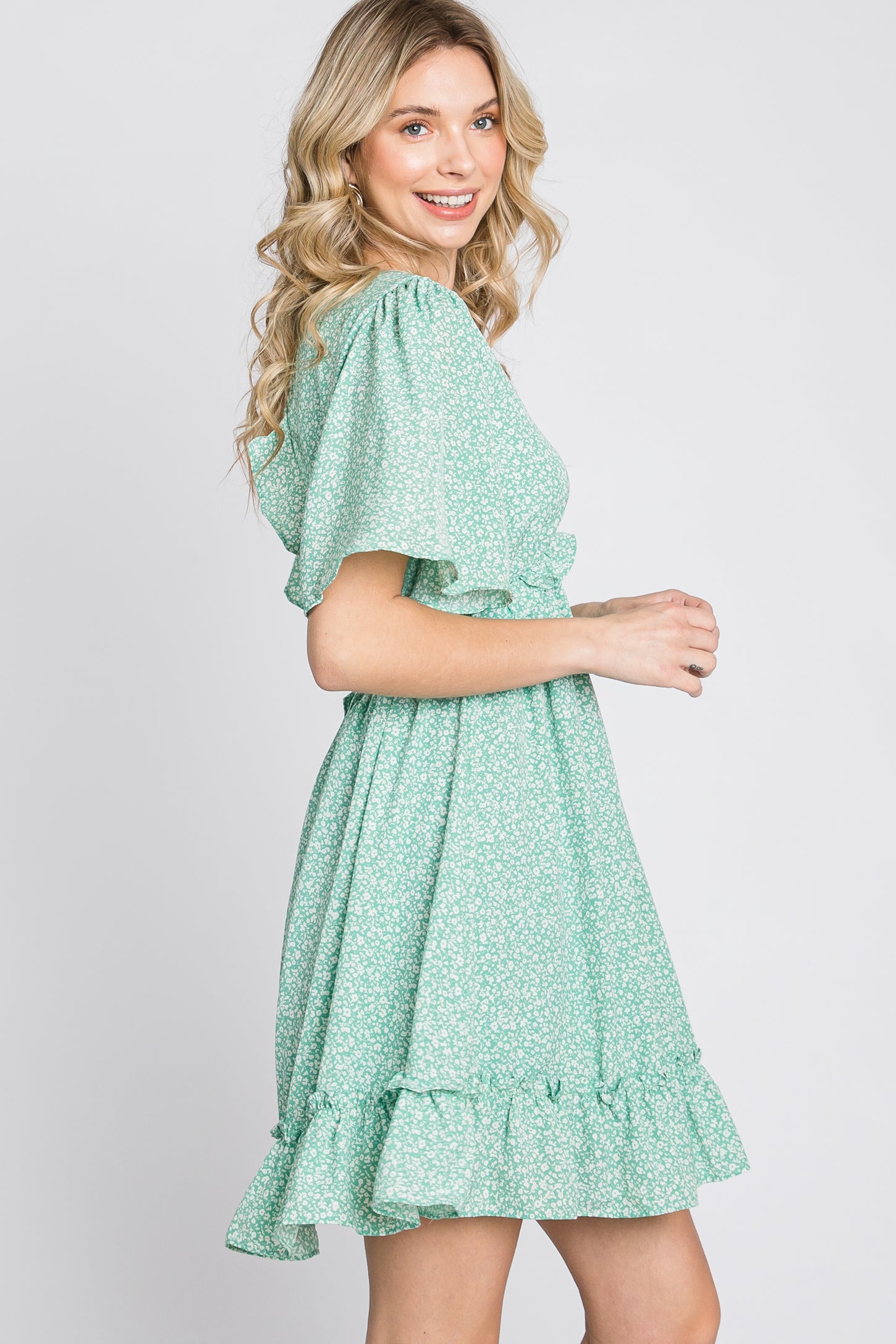 Mint Green Floral Ruffle Accent Cutout Dress PinkBlush Mint Green Floral Ruffle Accent Cutout Dress PinkBlush