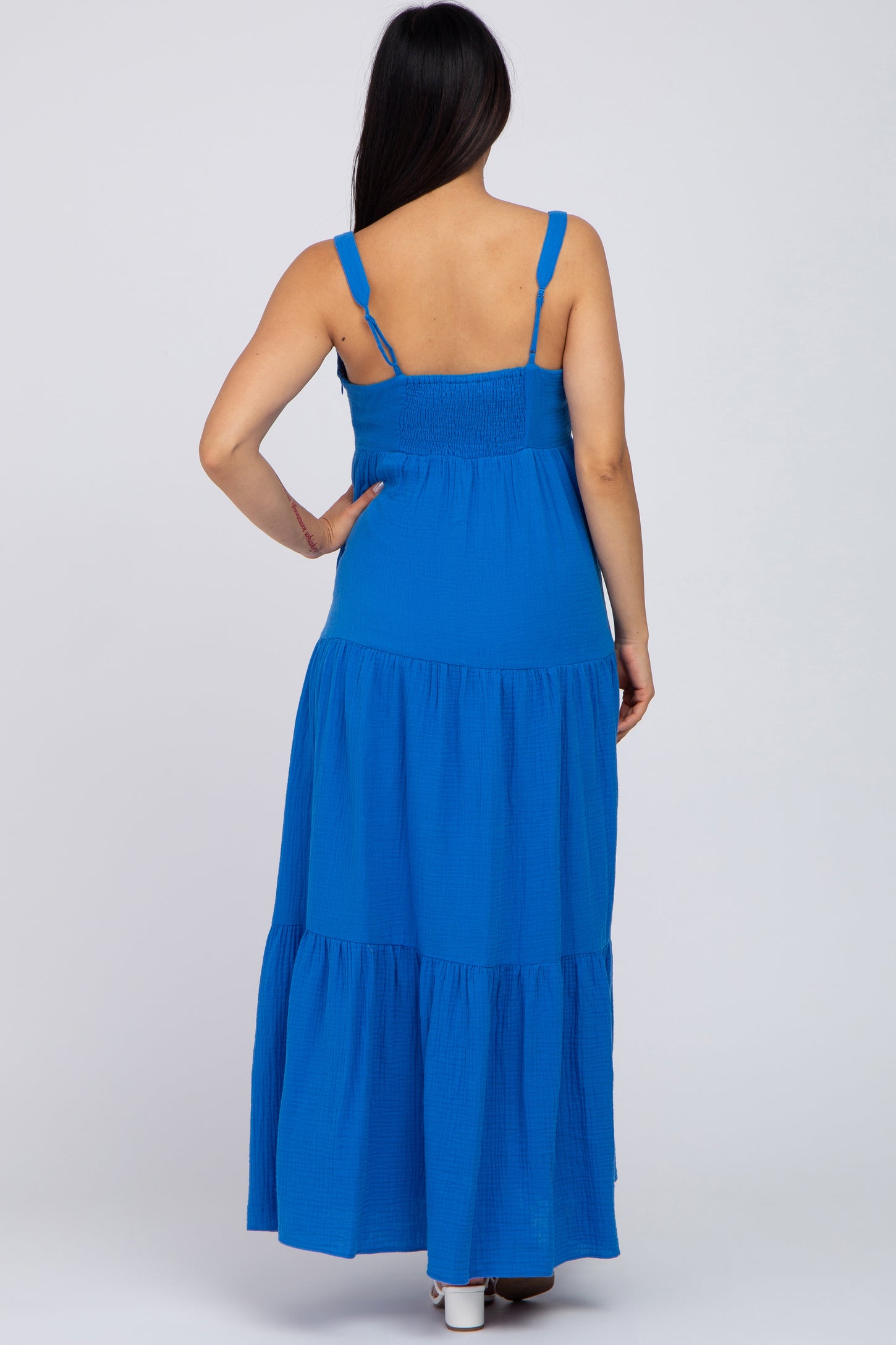 Blue Sleeveless Ruffle Tiered Maternity Maxi Dress