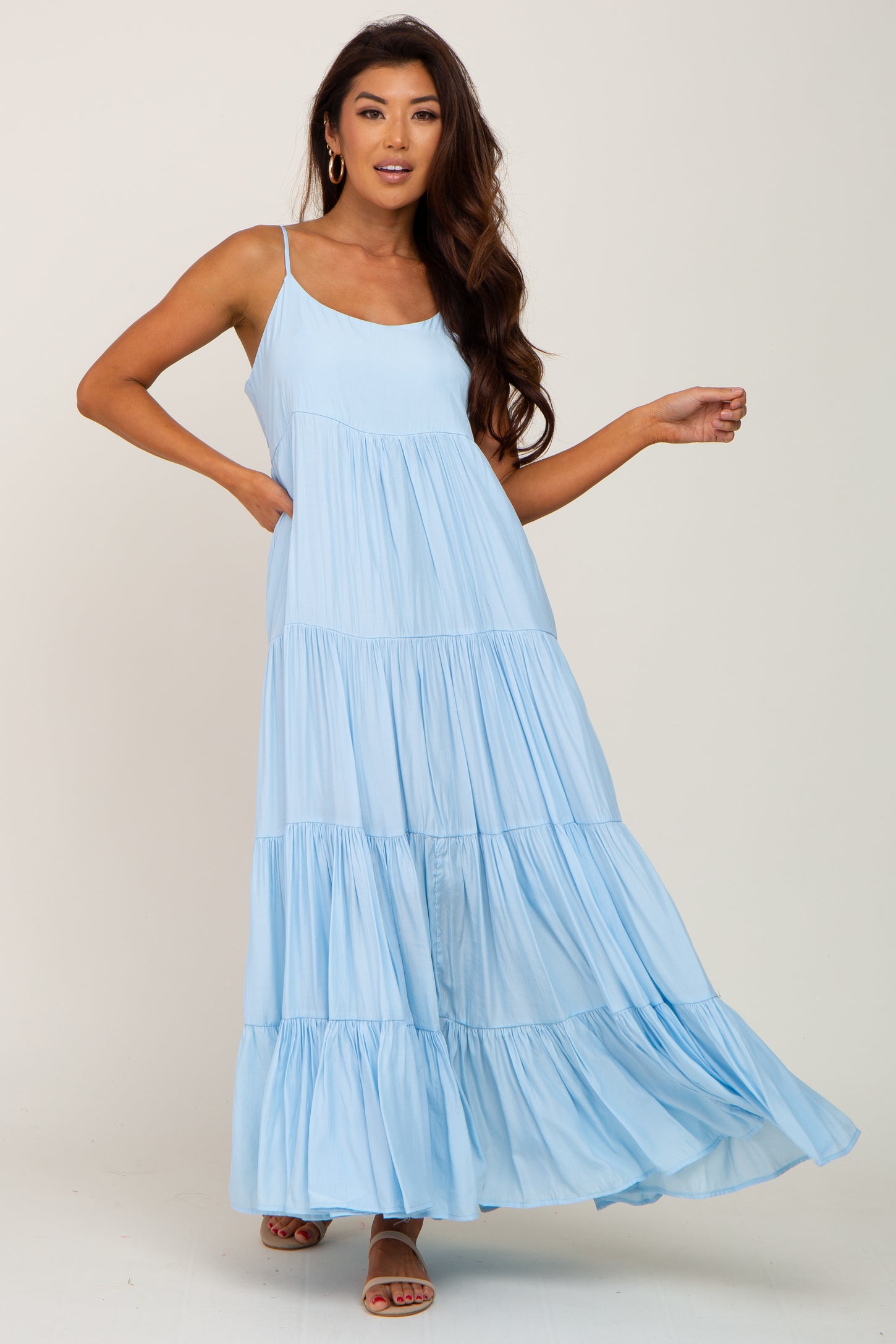 Light Blue Tiered Maternity Maxi Dress– PinkBlush