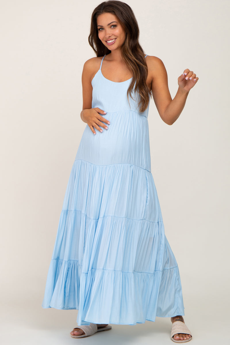 Light Blue Tiered Maternity Maxi Dress– PinkBlush