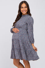 Blue Floral Shirred Mock Neck Maternity Dress