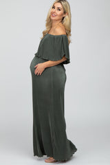 Olive Pleated Ruffle Off Shoulder Maternity Maxi Dress