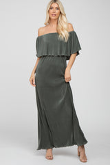 Olive Pleated Ruffle Off Shoulder Maxi Dress