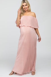 Pink Pleated Ruffle Off Shoulder Maternity Maxi Dress