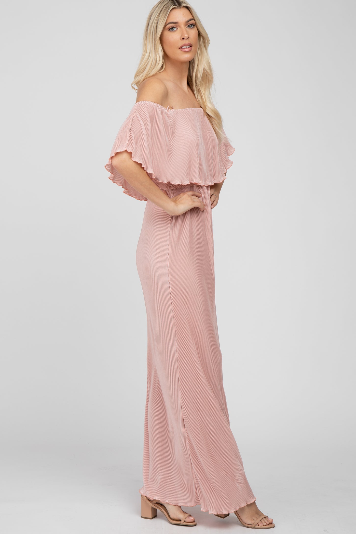 knee length dresses for ladies Pink Pleated Ruffle Off Shoulder Maxi Dress – PinkBlush