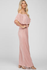 Pink Pleated Ruffle Off Shoulder Maxi Dress