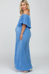 Blue Pleated Ruffle Off Shoulder Maternity Maxi Dress