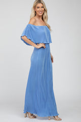 Blue Pleated Ruffle Off Shoulder Maxi Dress