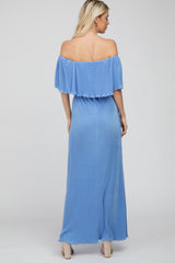 Blue Pleated Ruffle Off Shoulder Maxi Dress