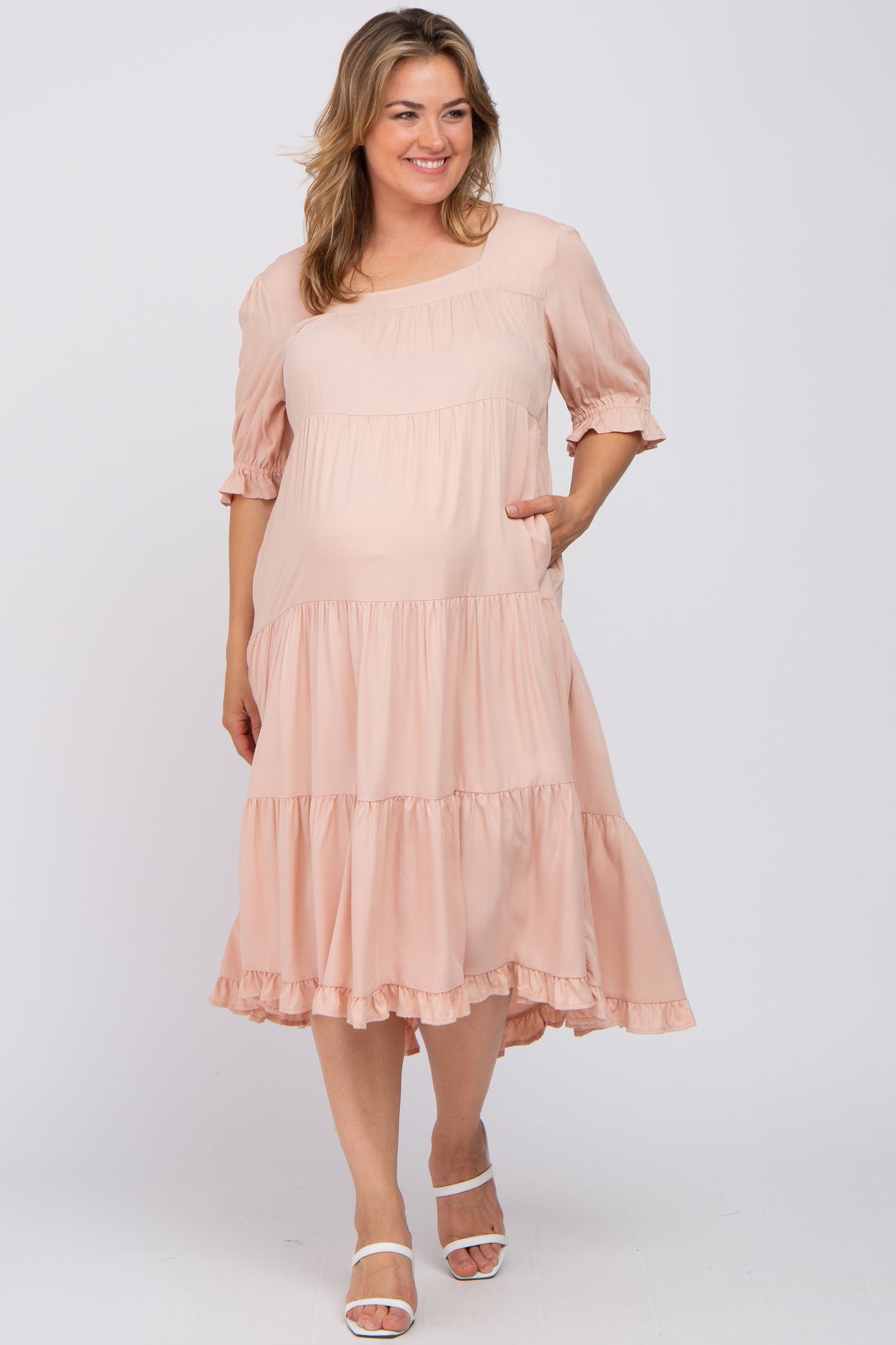 Light Pink Tiered Ruffle Hem Maternity Plus Midi Dress