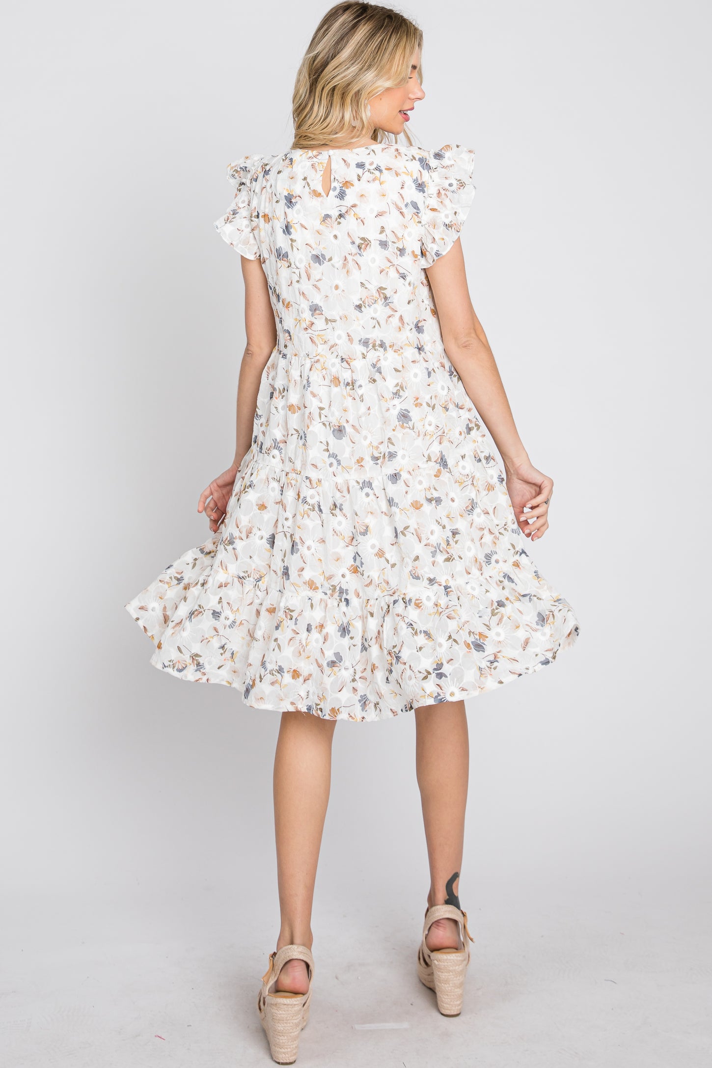 Ivory Floral Embroidered Tiered Dress