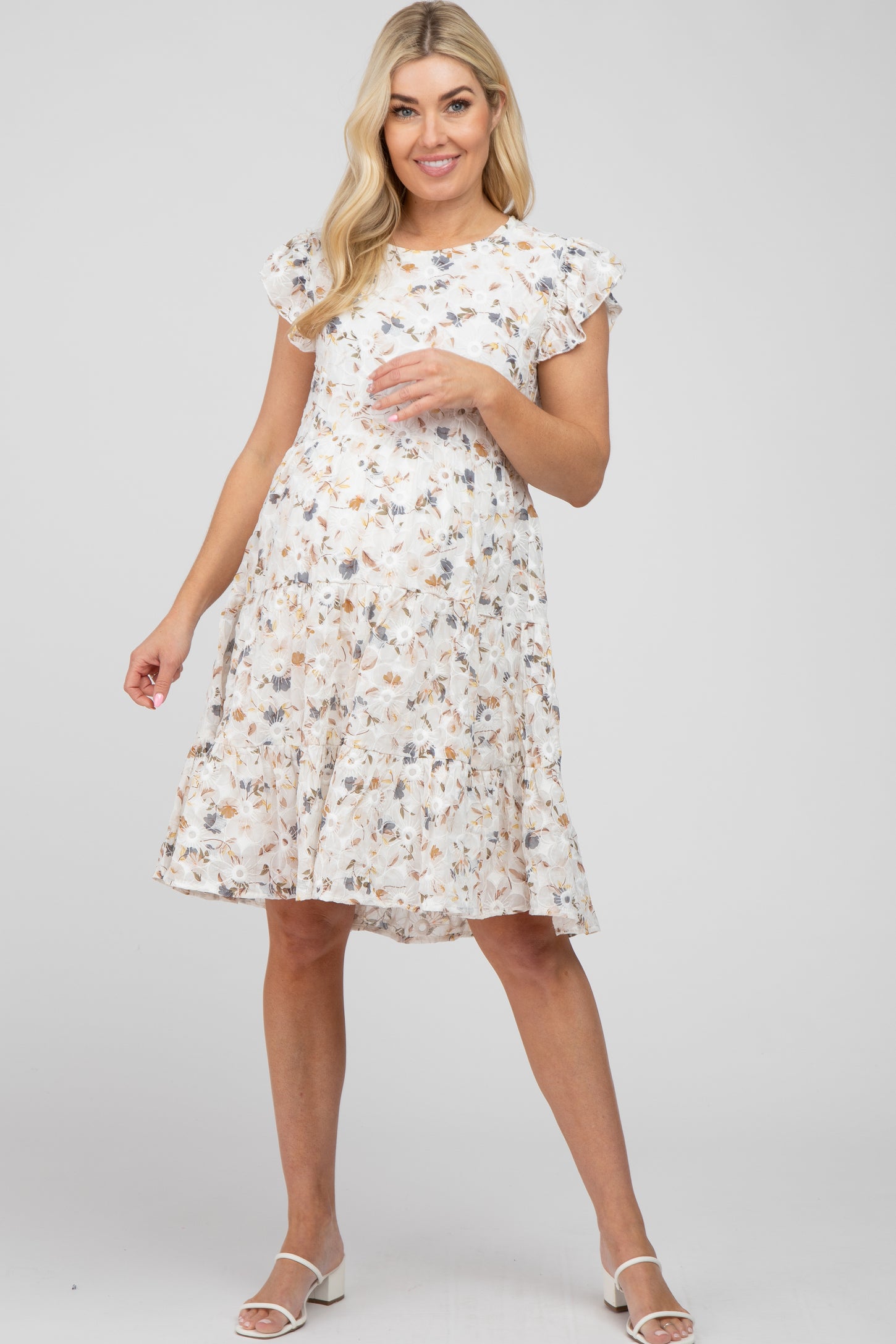 Ivory Floral Embroidered Tiered Maternity Dress– PinkBlush