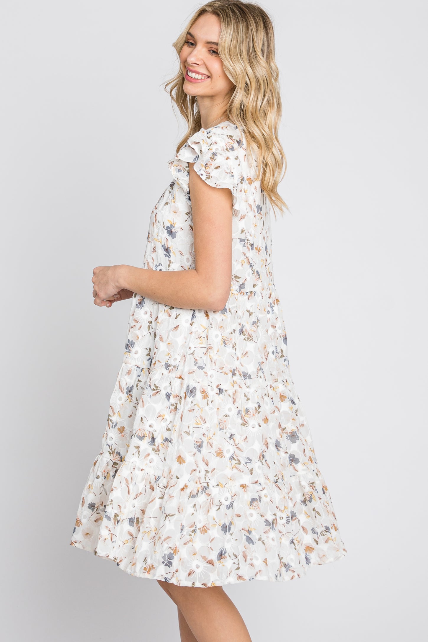 Ivory Floral Embroidered Tiered Dress