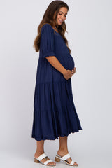 Navy Tiered Ruffle Hem Maternity Midi Dress