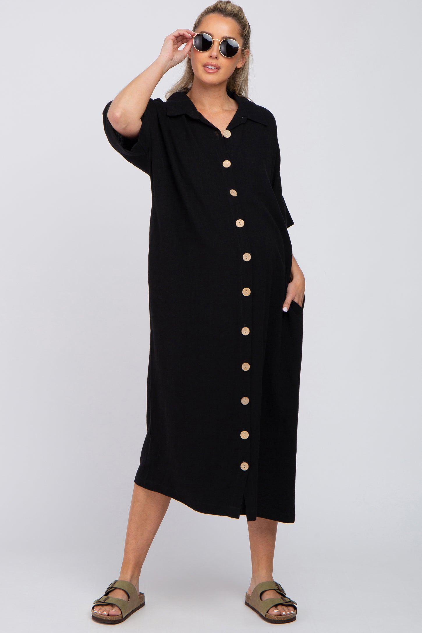 black oversized button down shirt dress Vestido Maxi Eleanor Shirt - Negro