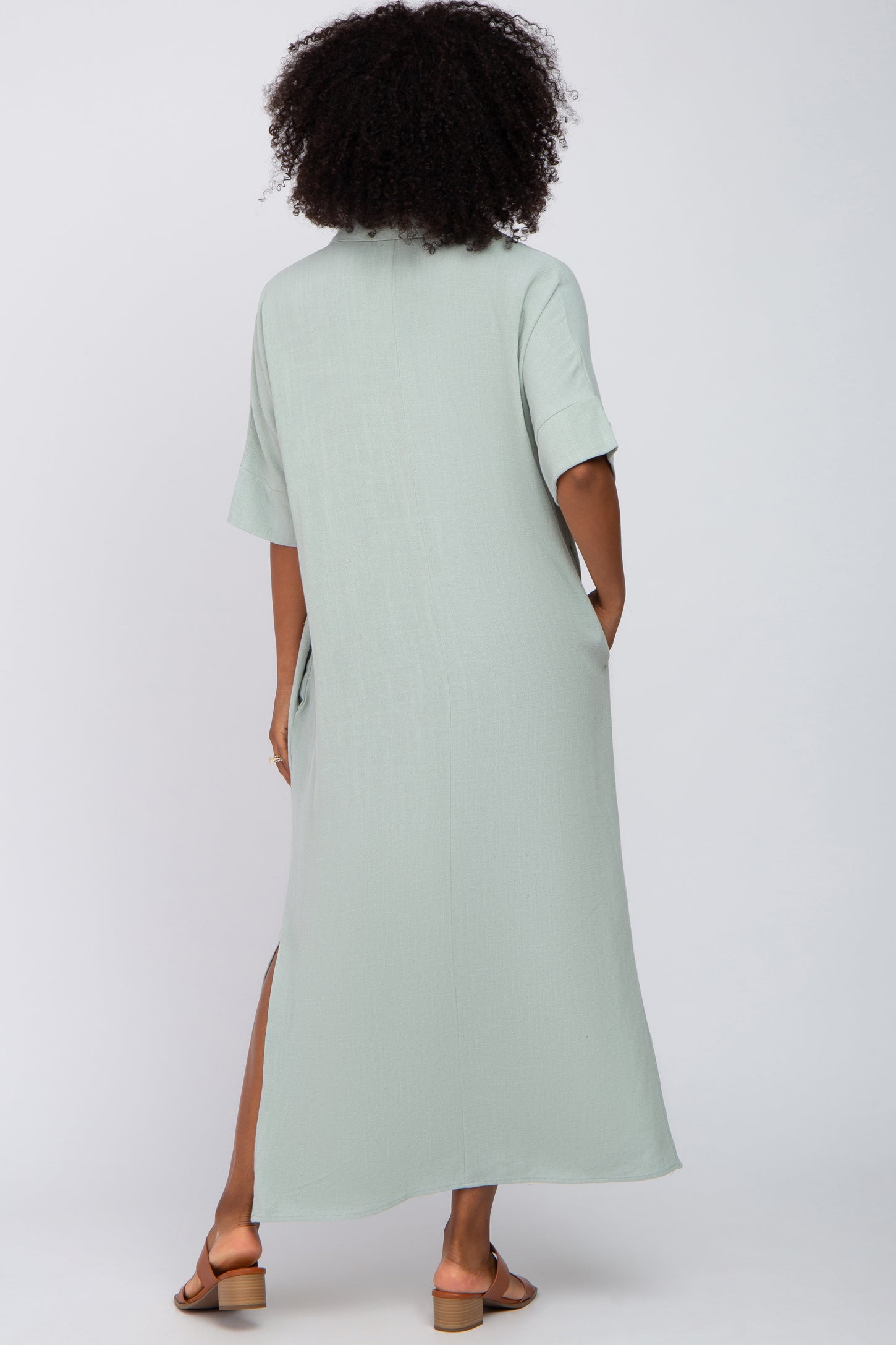 Light Olive Collared Linen Maxi Dress