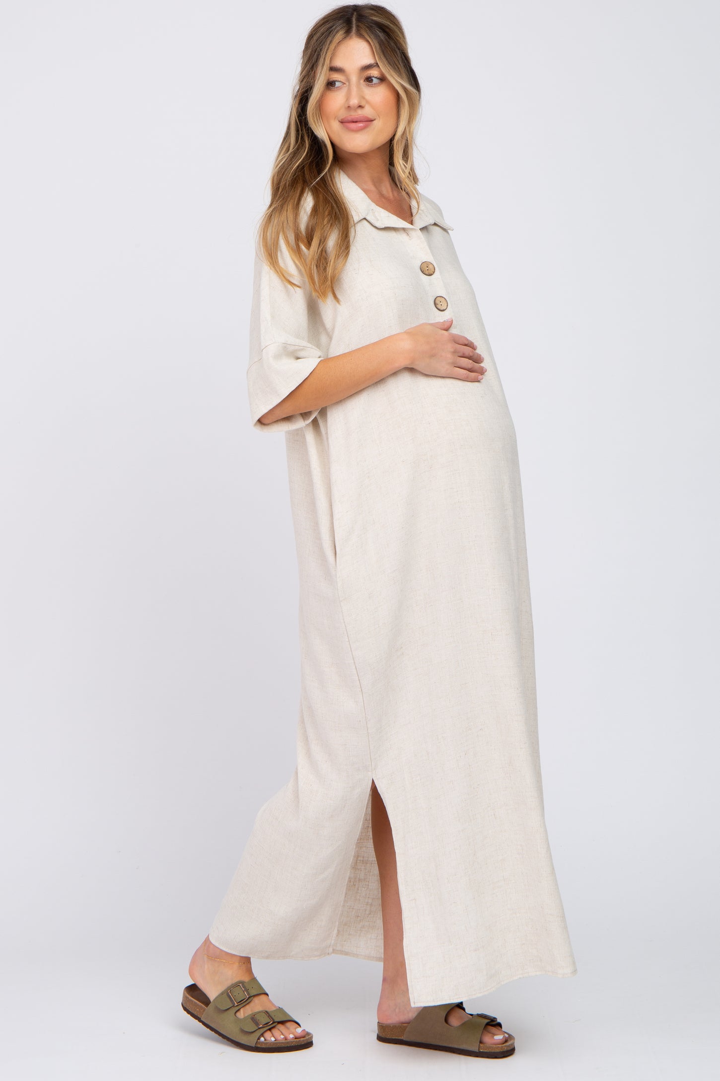 Beige Collared Linen Maternity Maxi Dress – PinkBlush