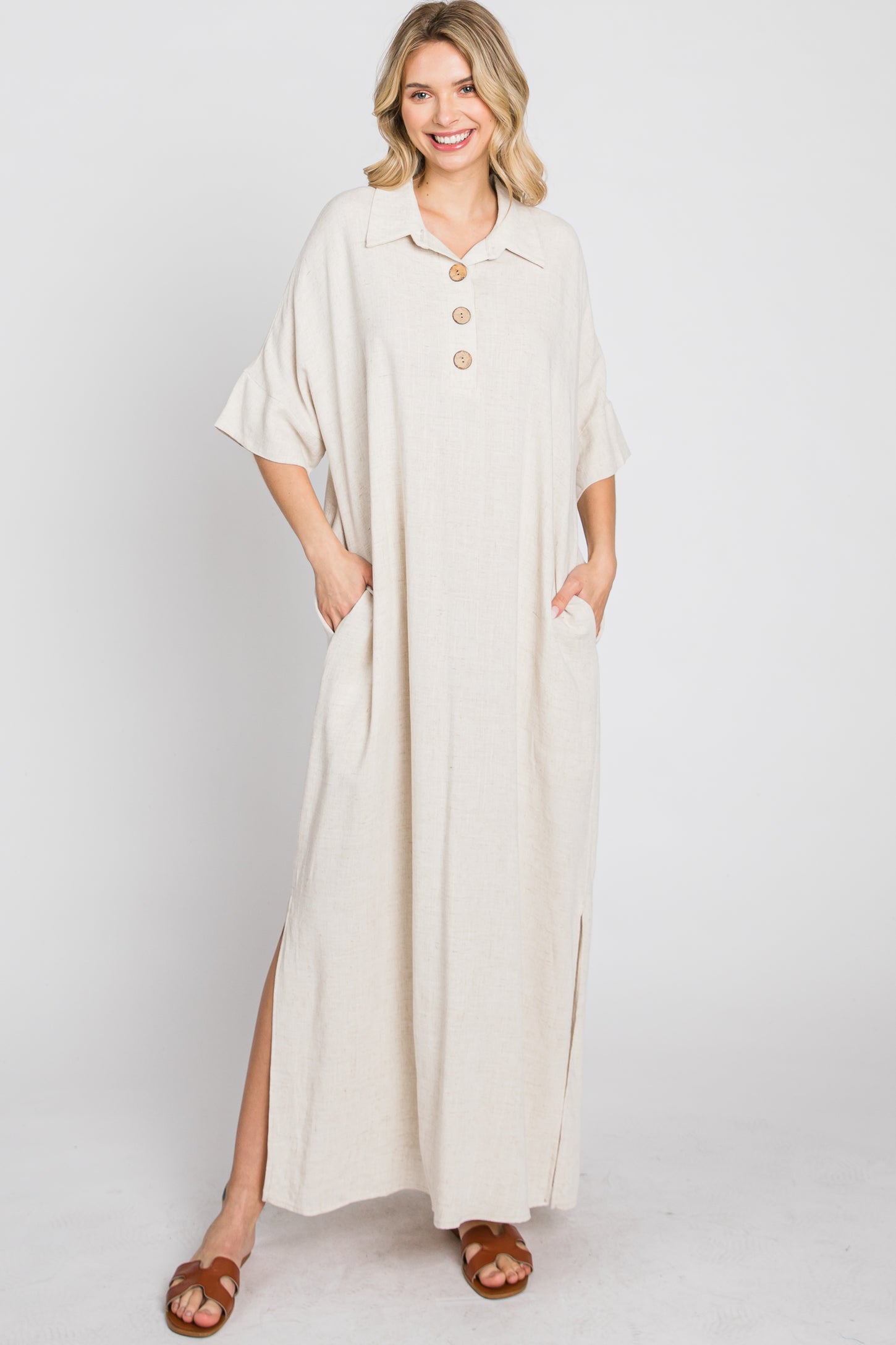 Beige Collared Linen Maxi Dress PinkBlush Beige Collared Linen Maxi Dress PinkBlush