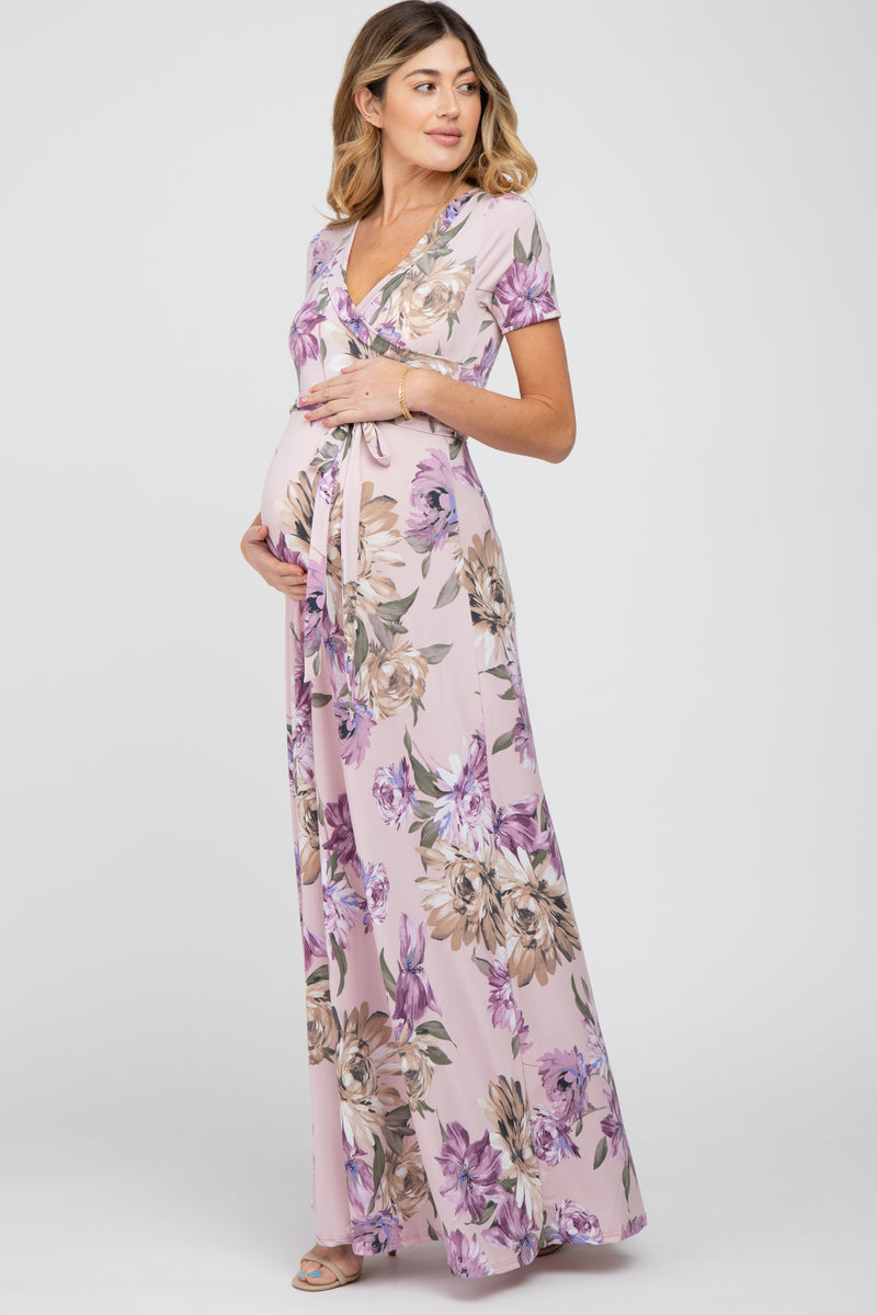 Lavender Floral Waist Tie Wrap Maternity Maxi Dress– PinkBlush