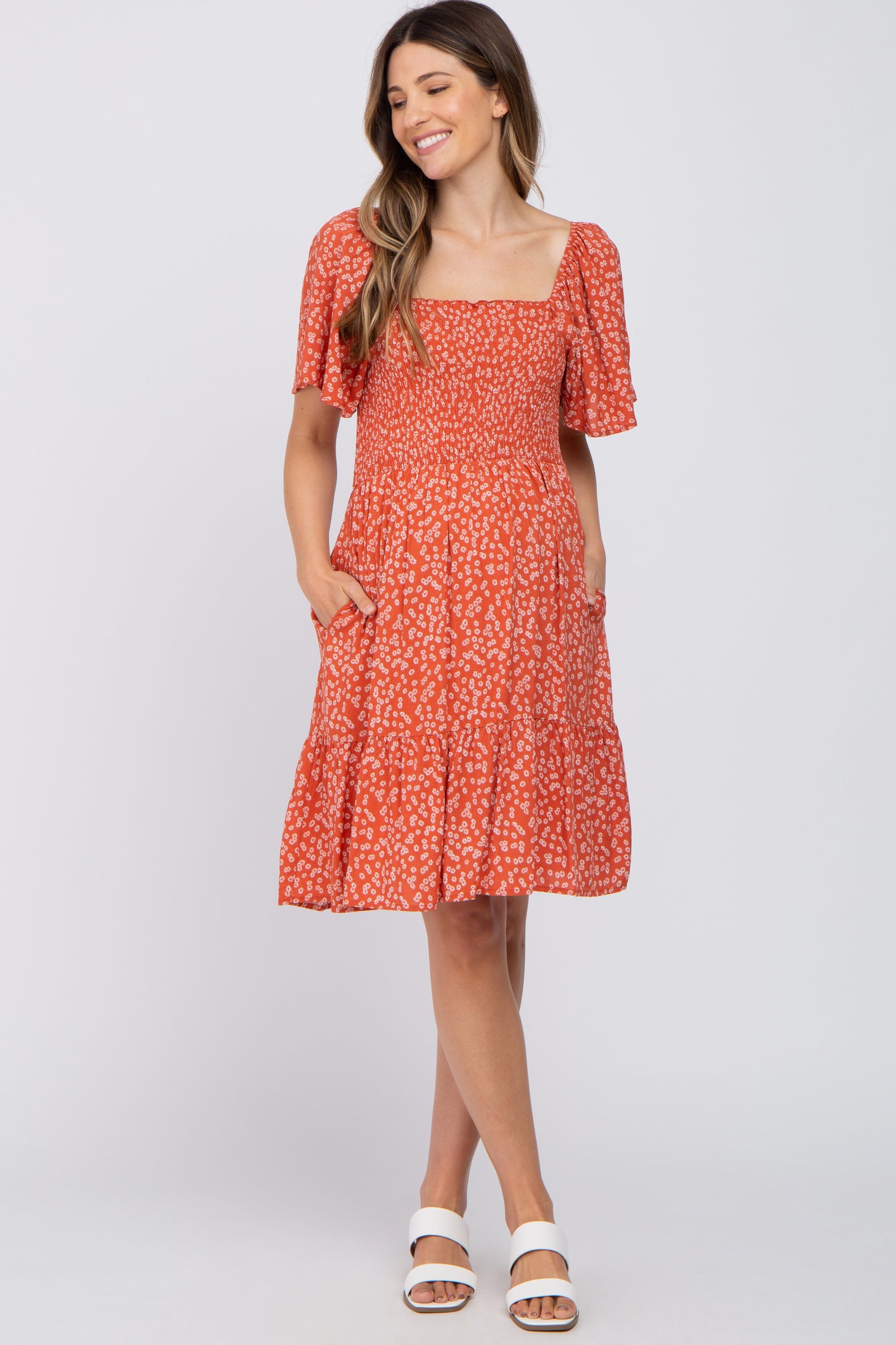 Coral Floral Smocked Maternity Dress