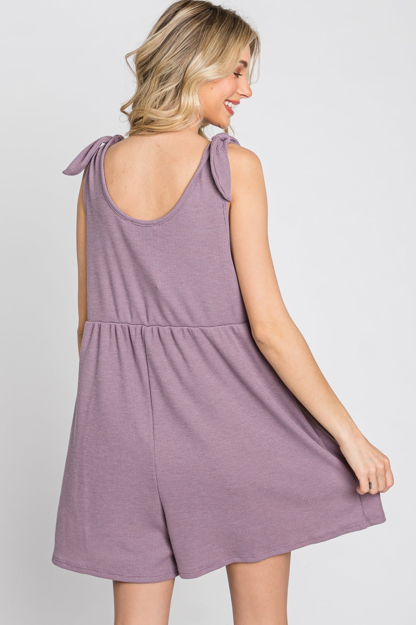Lavender Waffle Knit Shoulder Tie Romper