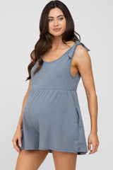 Blue Waffle Knit Shoulder Tie Maternity Romper