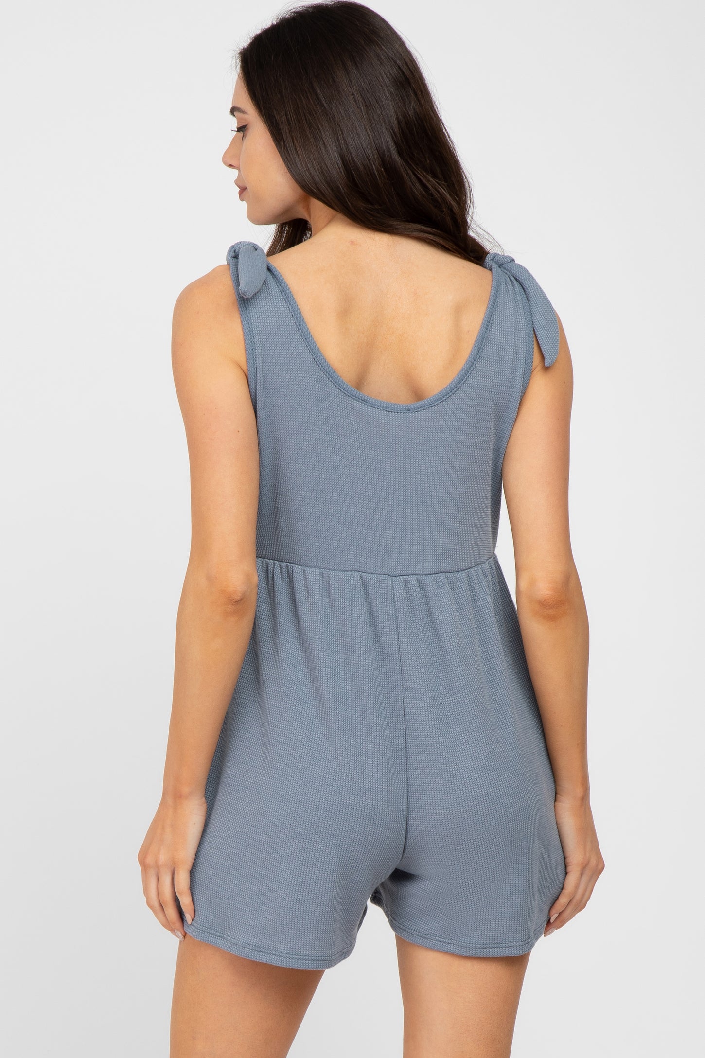 Blue Waffle Knit Shoulder Tie Maternity Romper