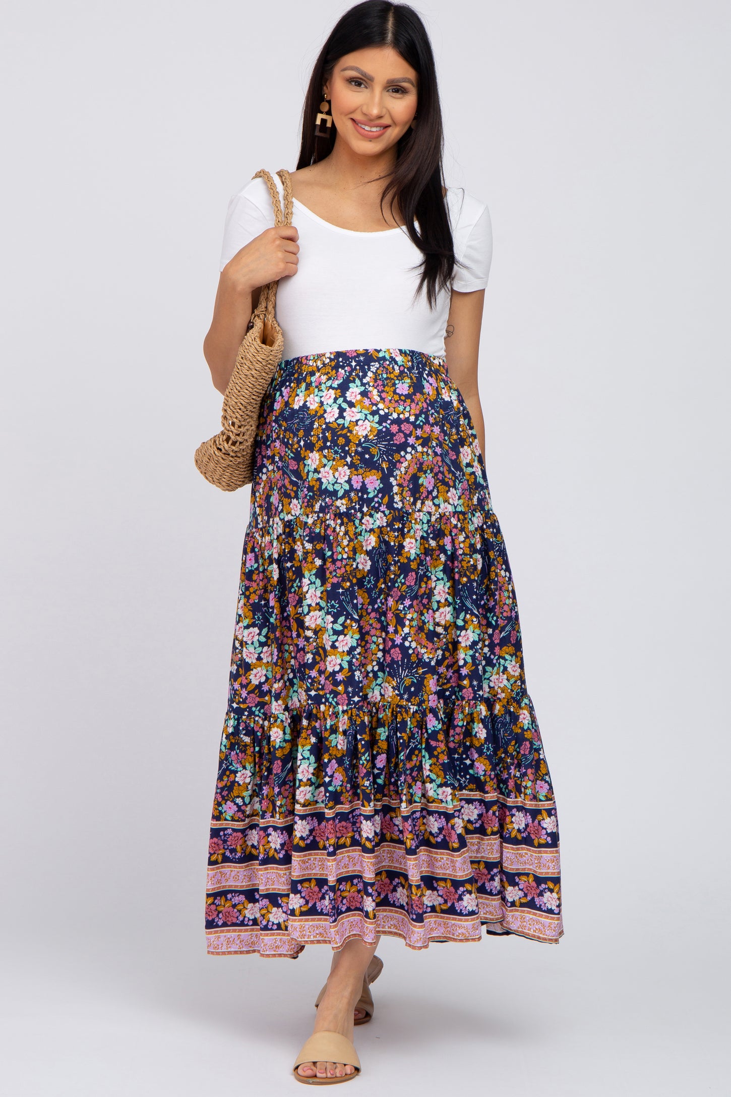 Navy Multi-Color Floral Ruffle Hem Maternity Maxi Skirt