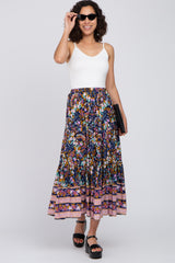 Navy Multi-Color Floral Ruffle Hem Maternity Maxi Skirt