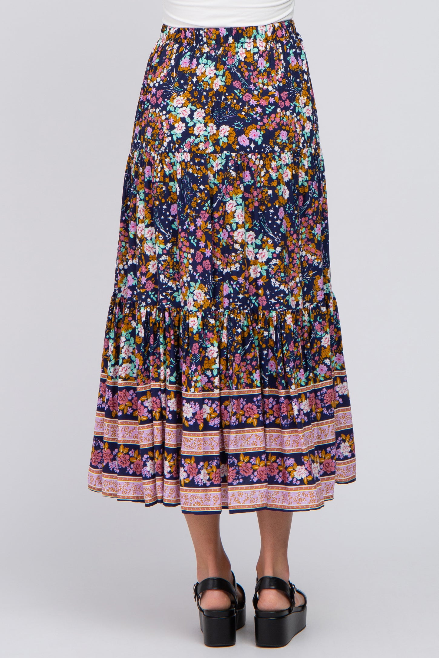 Navy Multi-Color Floral Ruffle Hem Maxi Skirt