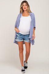 Blue Distressed Cuffed Maternity Denim Shorts