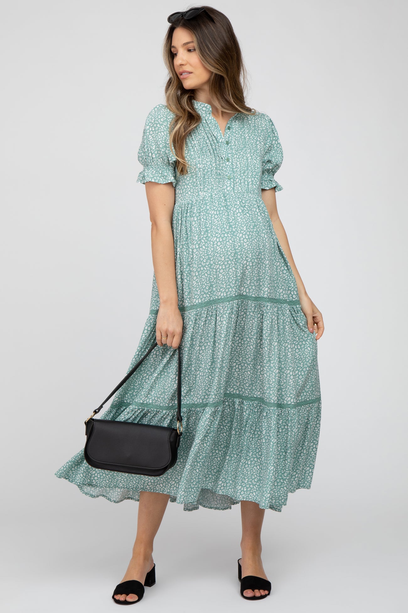 Mint Animal Print Button Front Tiered Maternity Midi Dress – PinkBlush