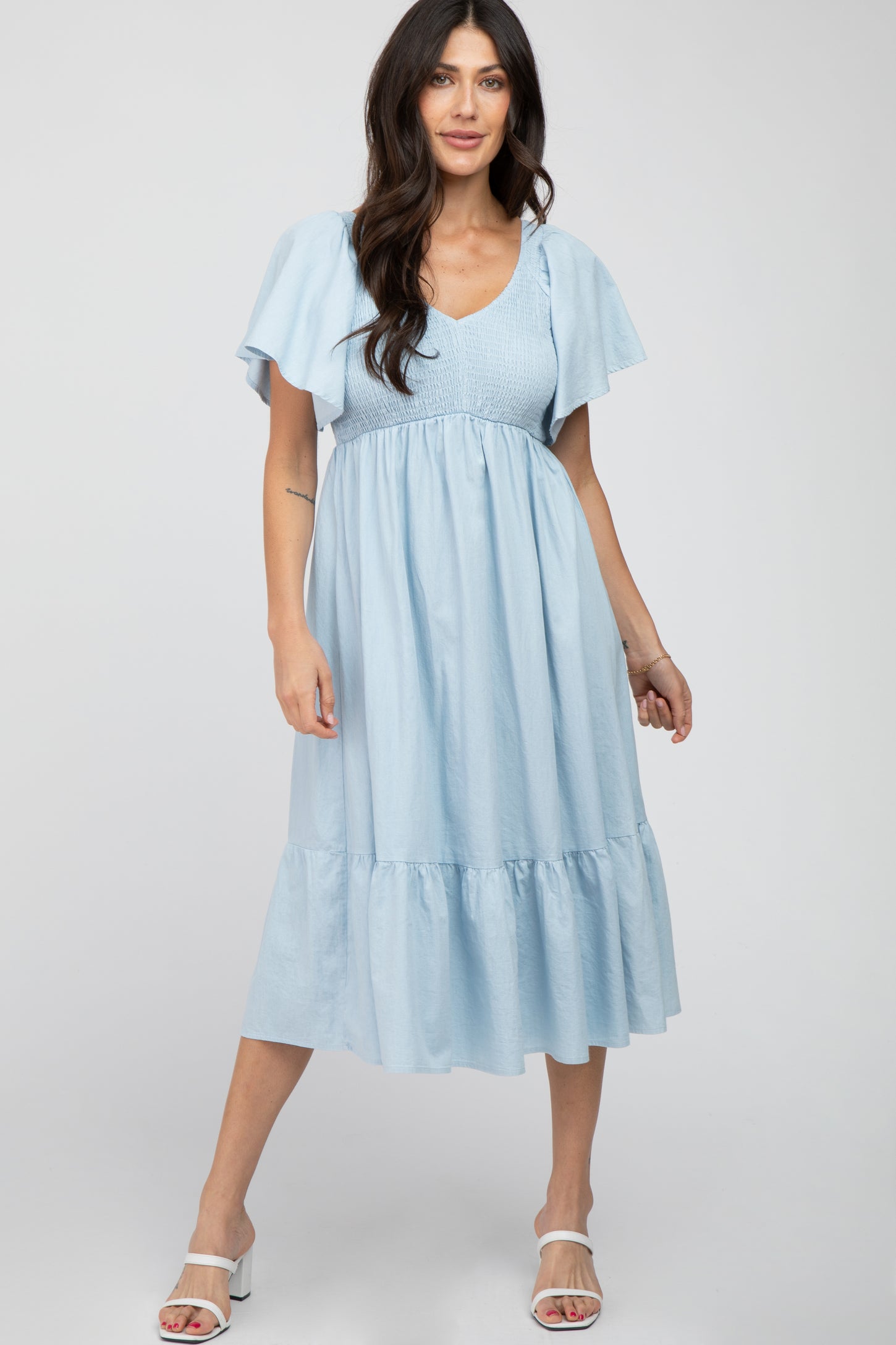 Light Blue Smocked Ruffle Hem Maternity Midi Dress– PinkBlush