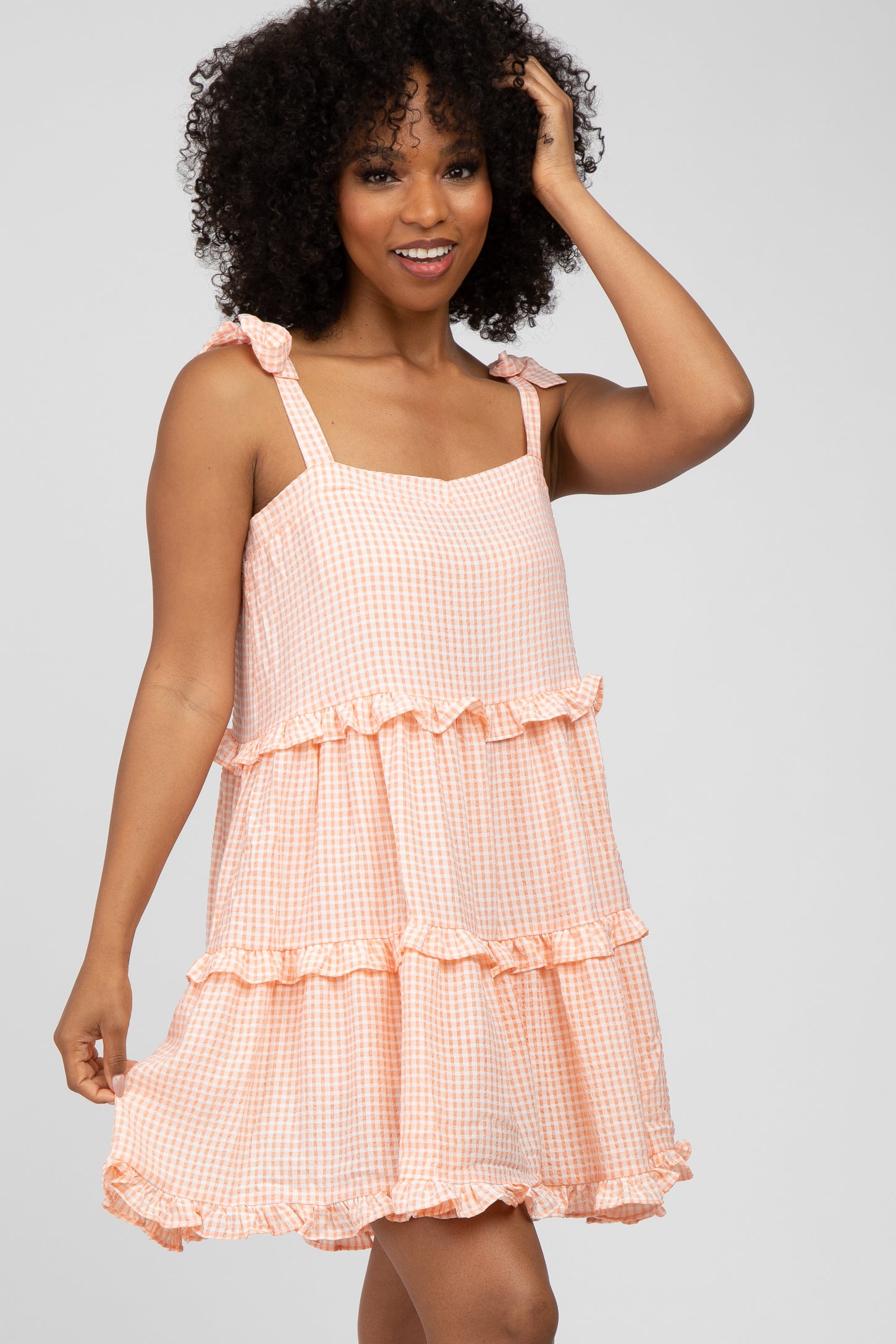 Peach Gingham Shoulder Tie Tiered Dress– PinkBlush