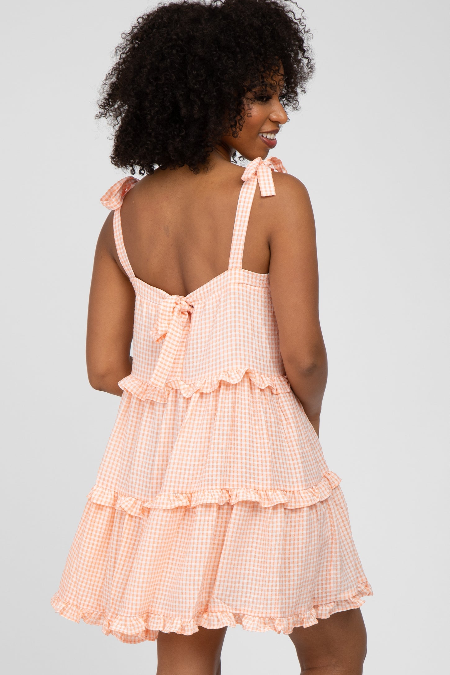 Peach Gingham Shoulder Tie Tiered Dress– PinkBlush