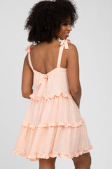 Peach Gingham Shoulder Tie Tiered Dress