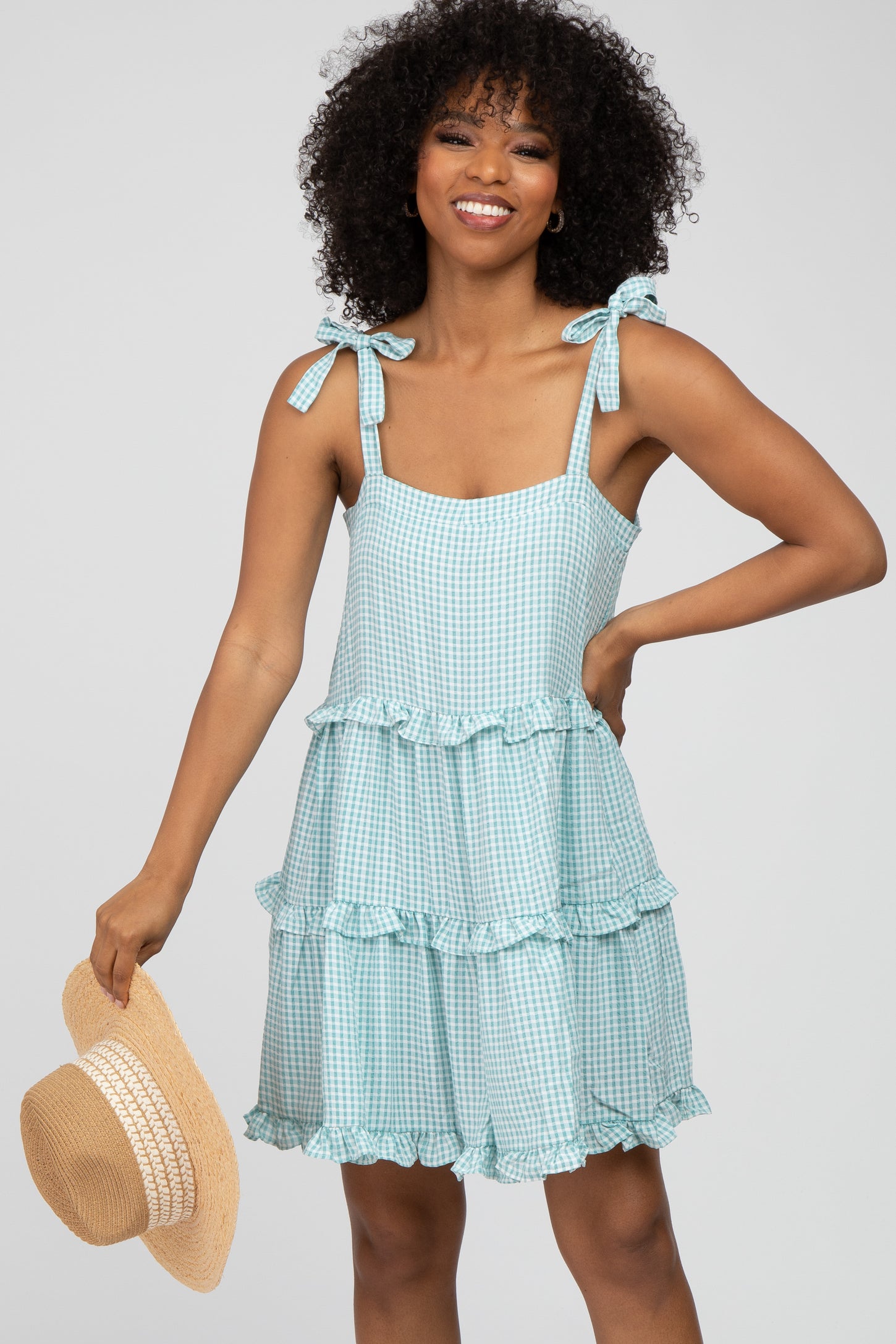 Light Teal Gingham Shoulder Tie Tiered Maternity Dress– PinkBlush