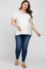 White V-Neck Oversized Maternity Plus Short Sleeve Top