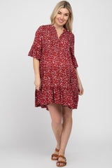 Burgundy Floral Ruffle Sleeve Tiered Maternity Dress