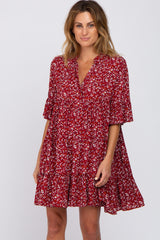 Burgundy Floral Ruffle Sleeve Tiered Maternity Dress