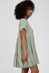 Light Olive Ribbed Tiered Dress