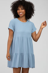 Light Blue Ribbed Tiered Dress