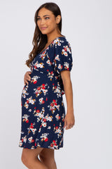 Navy Blue Floral Tie Back Maternity Dress