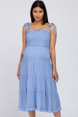 Light Blue Polka Dot Sleeveless Tiered Maternity Midi Dress