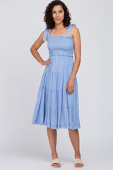 Light Blue Polka Dot Sleeveless Tiered Maternity Midi Dress